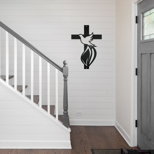 Cross Sign with Dove and Flame-Christian-Religious-Wall Decor -Home Decor- Wall Art-Hanging Wall Art-Cross-Dove Wall Cross
