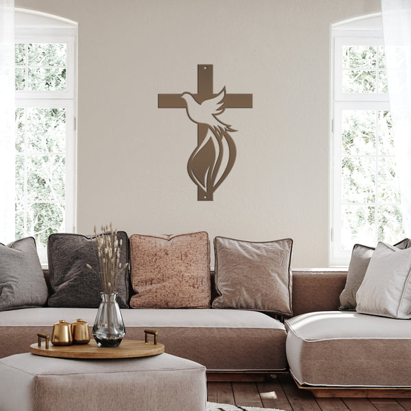Cross Sign with Dove and Flame-Christian-Religious-Wall Decor -Home Decor- Wall Art-Hanging Wall Art-Cross-Dove Wall Cross