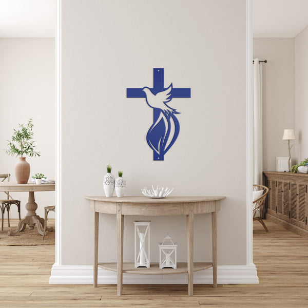 Cross Sign with Dove and Flame-Christian-Religious-Wall Decor -Home Decor- Wall Art-Hanging Wall Art-Cross-Dove Wall Cross