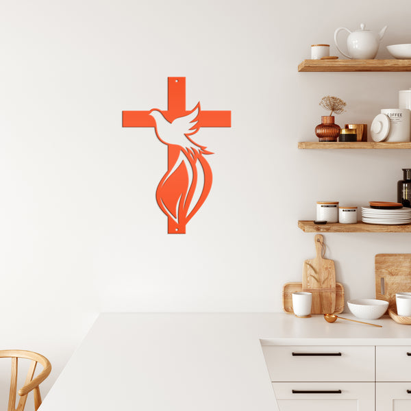 Cross Sign with Dove and Flame-Christian-Religious-Wall Decor -Home Decor- Wall Art-Hanging Wall Art-Cross-Dove Wall Cross