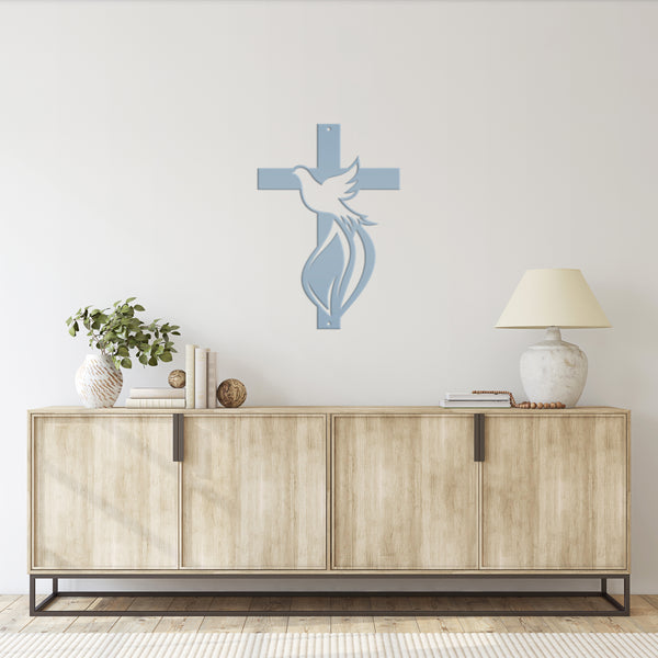 Cross Sign with Dove and Flame-Christian-Religious-Wall Decor -Home Decor- Wall Art-Hanging Wall Art-Cross-Dove Wall Cross