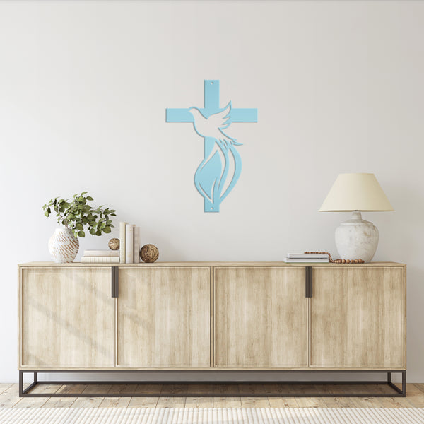 Cross Sign with Dove and Flame-Christian-Religious-Wall Decor -Home Decor- Wall Art-Hanging Wall Art-Cross-Dove Wall Cross