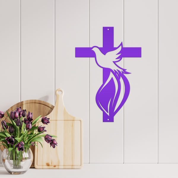 Cross Sign with Dove and Flame-Christian-Religious-Wall Decor -Home Decor- Wall Art-Hanging Wall Art-Cross-Dove Wall Cross