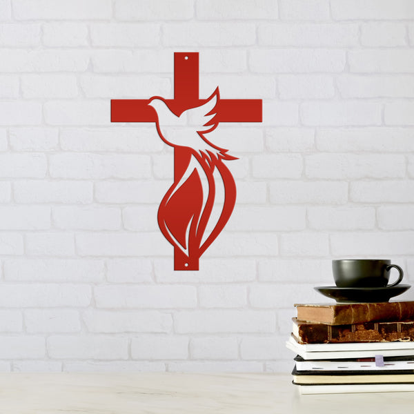 Cross Sign with Dove and Flame-Christian-Religious-Wall Decor -Home Decor- Wall Art-Hanging Wall Art-Cross-Dove Wall Cross