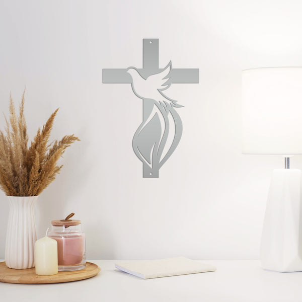 Cross Sign with Dove and Flame-Christian-Religious-Wall Decor -Home Decor- Wall Art-Hanging Wall Art-Cross-Dove Wall Cross
