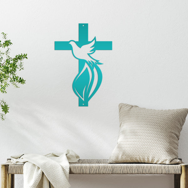 Cross Sign with Dove and Flame-Christian-Religious-Wall Decor -Home Decor- Wall Art-Hanging Wall Art-Cross-Dove Wall Cross