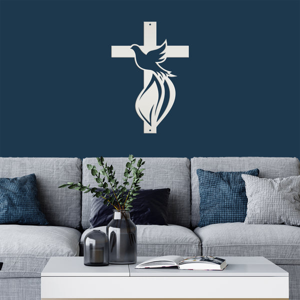 Cross Sign with Dove and Flame-Christian-Religious-Wall Decor -Home Decor- Wall Art-Hanging Wall Art-Cross-Dove Wall Cross