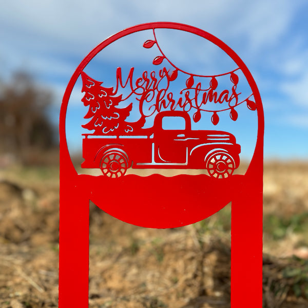 Merry Christmas Sign with Red Truck - Outdoor Christmas Decor - Metal Holiday Decorations