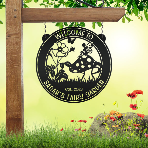 fairy garden with mushroom yard art 