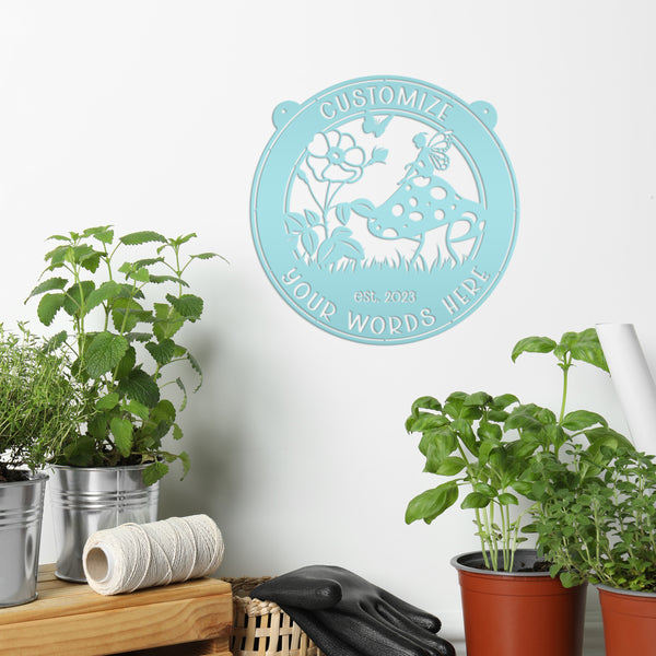 fairy garden with mushroom yard art 