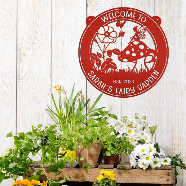fairy garden with mushroom yard art 