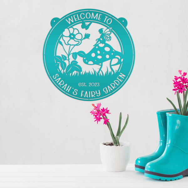 fairy garden with mushroom yard art 