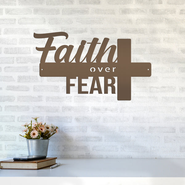 Faith Over Fear Cross Sign-Religious-Christian-Metal Wall Hanging Art-Home Decor-Cross Shaped -Cross Decor