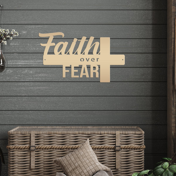 Faith Over Fear Cross Sign-Religious-Christian-Metal Wall Hanging Art-Home Decor-Cross Shaped -Cross Decor