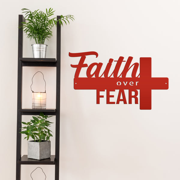 Faith Over Fear Cross Sign-Religious-Christian-Metal Wall Hanging Art-Home Decor-Cross Shaped -Cross Decor