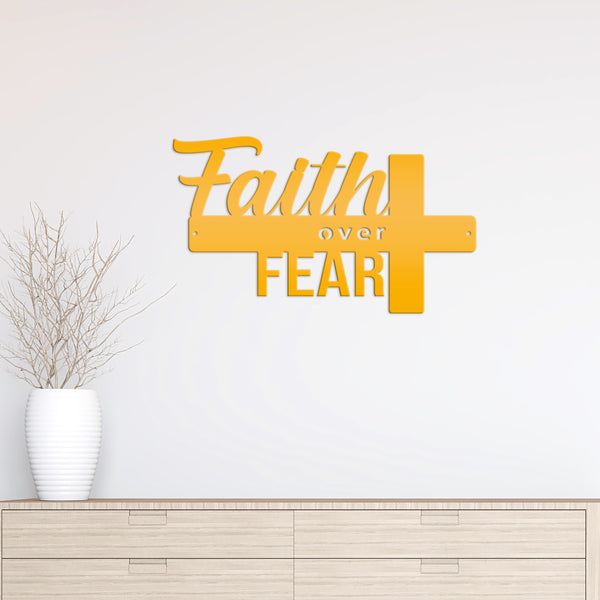 Faith Over Fear Cross Sign-Religious-Christian-Metal Wall Hanging Art-Home Decor-Cross Shaped -Cross Decor