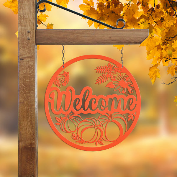 Fall Welcome Metal Sign With Pumpkins -Autumn Decor - Fall Wall Art-Thanksgiving