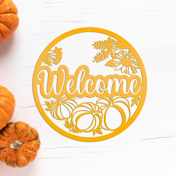 Fall Welcome Metal Sign With Pumpkins -Autumn Decor - Fall Wall Art-Thanksgiving