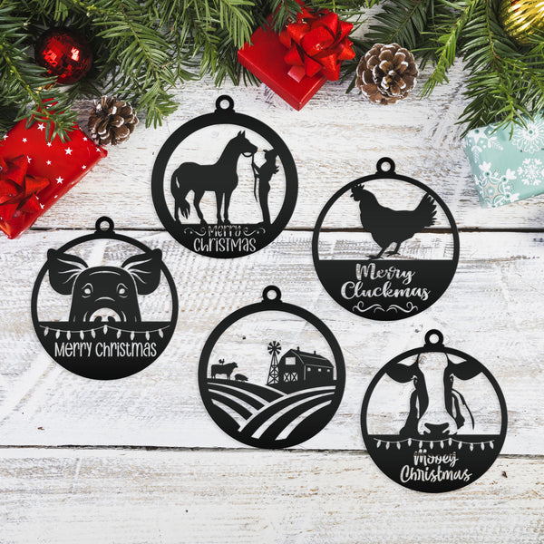 Assorted Family Farm, Cow, Pig, Horse, and Chicken Metal Christmas/Holiday Ornaments