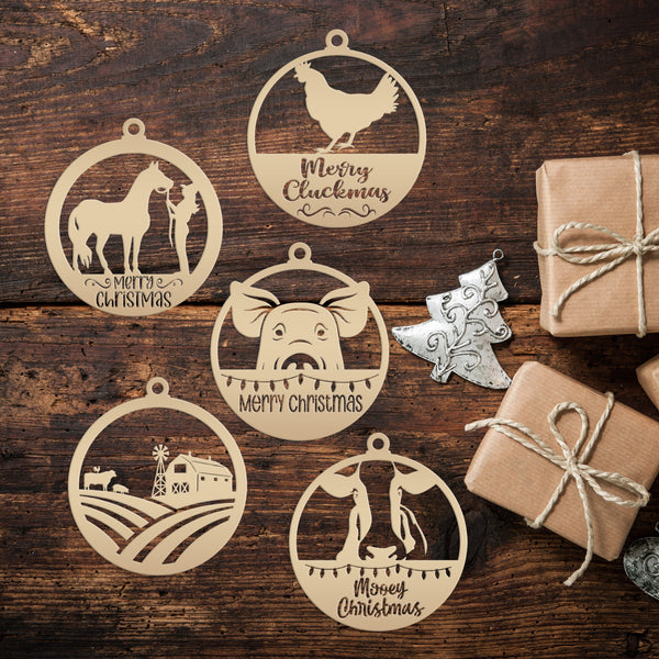 Assorted Family Farm, Cow, Pig, Horse, and Chicken Metal Christmas/Holiday Ornaments
