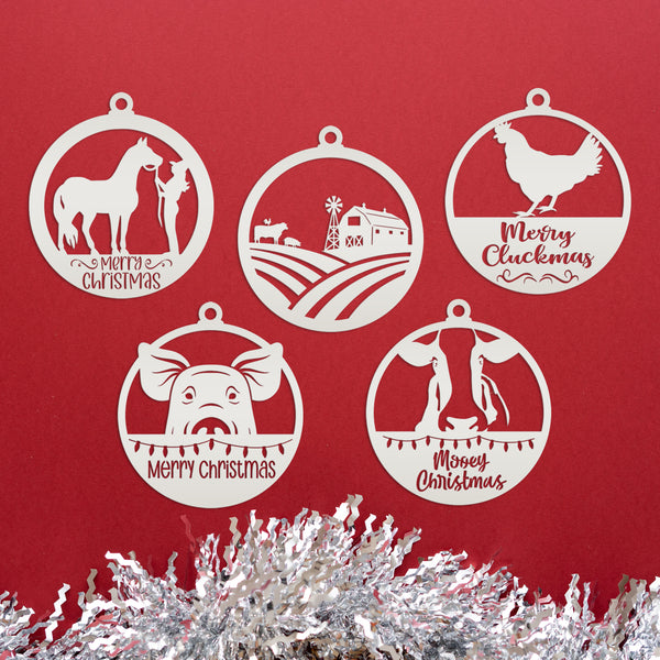 Assorted Family Farm, Cow, Pig, Horse, and Chicken Metal Christmas/Holiday Ornaments
