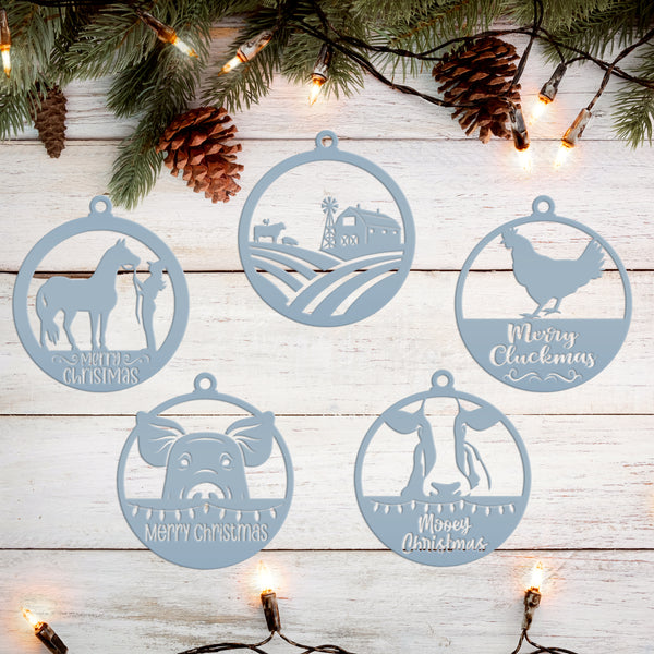 Assorted Family Farm, Cow, Pig, Horse, and Chicken Metal Christmas/Holiday Ornaments