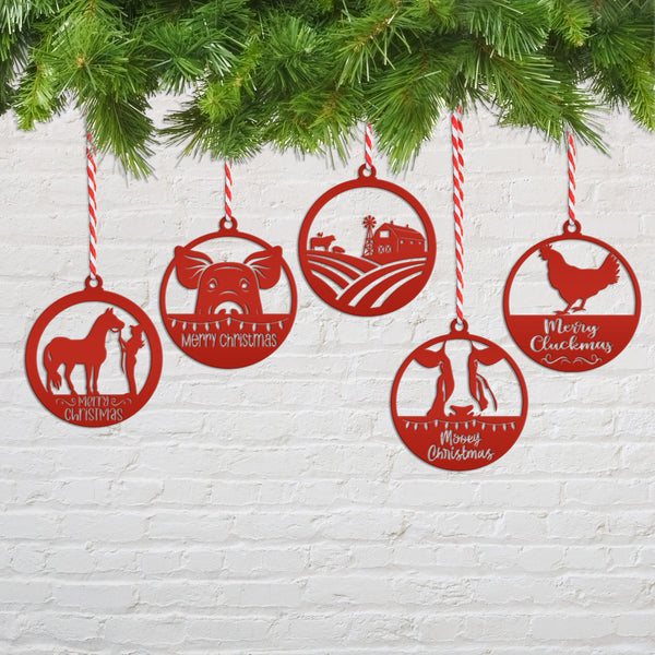 Assorted Family Farm, Cow, Pig, Horse, and Chicken Metal Christmas/Holiday Ornaments