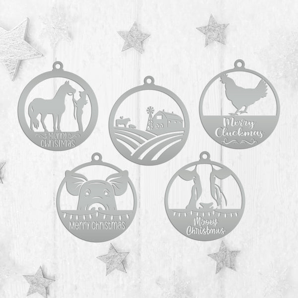 Assorted Family Farm, Cow, Pig, Horse, and Chicken Metal Christmas/Holiday Ornaments