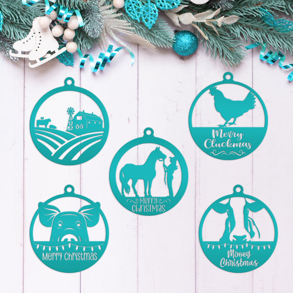 Assorted Family Farm, Cow, Pig, Horse, and Chicken Metal Christmas/Holiday Ornaments