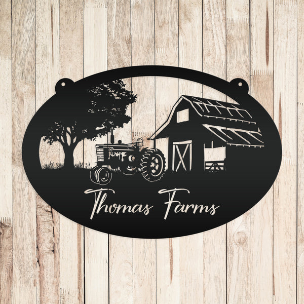 Personalized Antique Tractor and Barn Farm Scene Metal Sign, Farmhouse-Family Farm Sign-Personalized Farm Sign