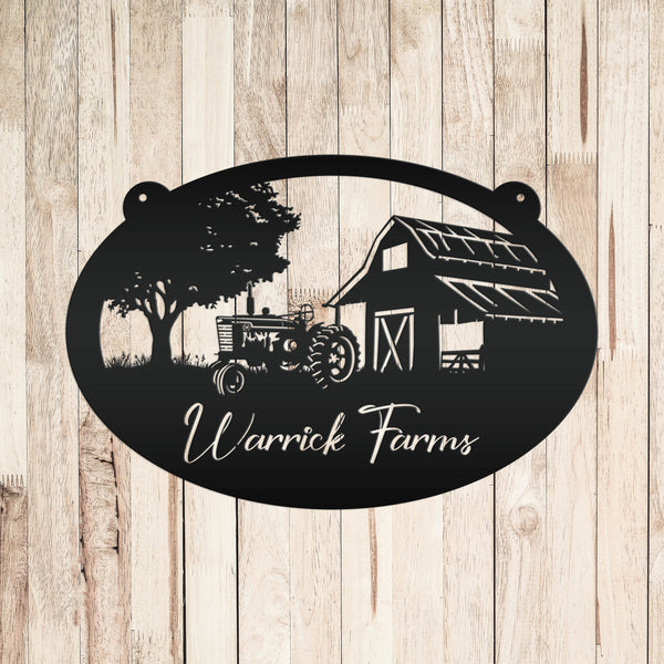 Personalized Antique Tractor and Barn Farm Scene Metal Sign, Farmhouse-Family Farm Sign-Personalized Farm Sign
