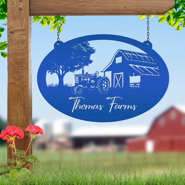 Personalized Antique Tractor and Barn Farm Scene Metal Sign, Farmhouse-Family Farm Sign-Personalized Farm Sign