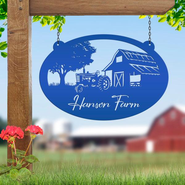 Personalized Antique Tractor and Barn Farm Scene Metal Sign, Farmhouse-Family Farm Sign-Personalized Farm Sign