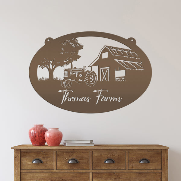 Personalized Antique Tractor and Barn Farm Scene Metal Sign, Farmhouse-Family Farm Sign-Personalized Farm Sign