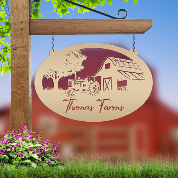 Personalized Antique Tractor and Barn Farm Scene Metal Sign, Farmhouse-Family Farm Sign-Personalized Farm Sign