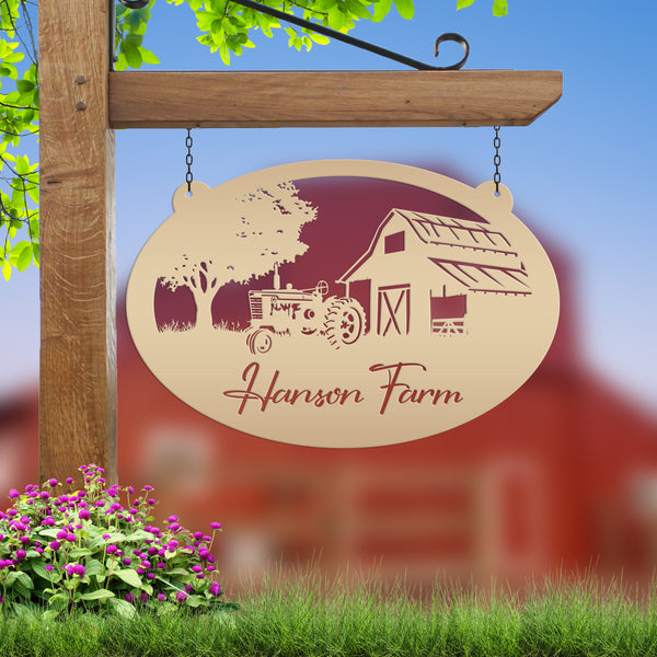 Personalized Antique Tractor and Barn Farm Scene Metal Sign, Farmhouse-Family Farm Sign-Personalized Farm Sign