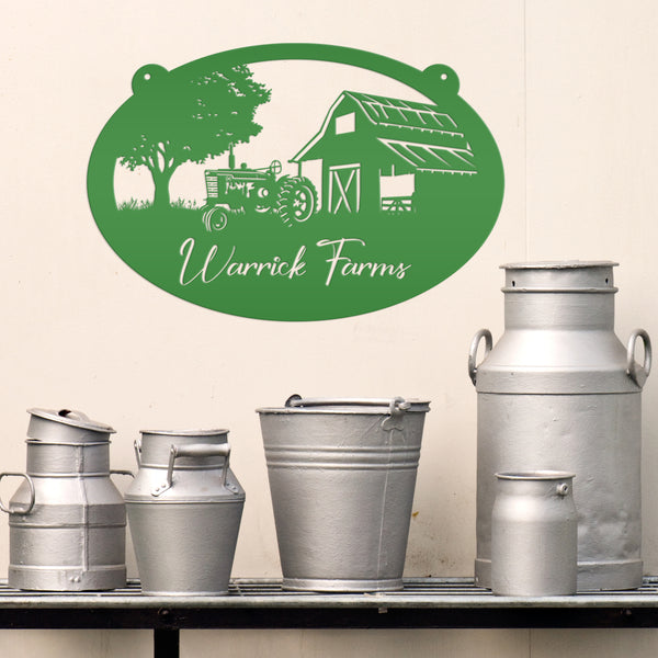 Personalized Antique Tractor and Barn Farm Scene Metal Sign, Farmhouse-Family Farm Sign-Personalized Farm Sign