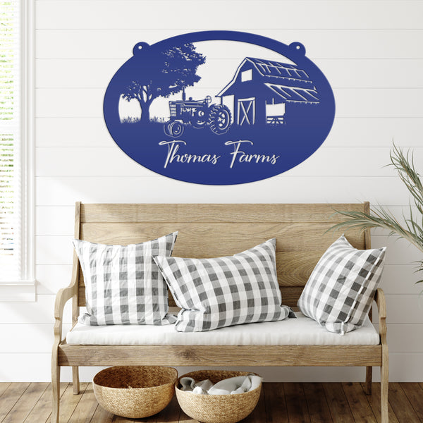 Personalized Antique Tractor and Barn Farm Scene Metal Sign, Farmhouse-Family Farm Sign-Personalized Farm Sign