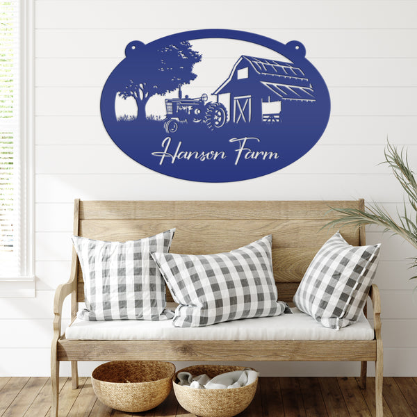 Personalized Antique Tractor and Barn Farm Scene Metal Sign, Farmhouse-Family Farm Sign-Personalized Farm Sign