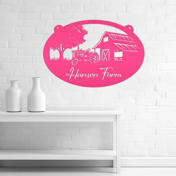 Personalized Antique Tractor and Barn Farm Scene Metal Sign, Farmhouse-Family Farm Sign-Personalized Farm Sign