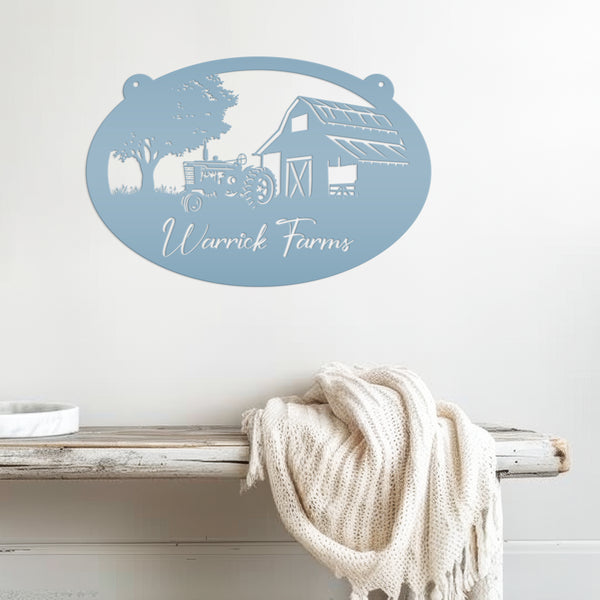 Personalized Antique Tractor and Barn Farm Scene Metal Sign, Farmhouse-Family Farm Sign-Personalized Farm Sign