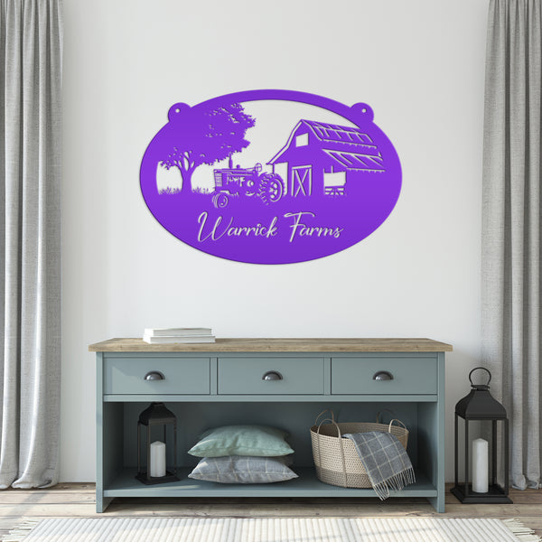 Personalized Antique Tractor and Barn Farm Scene Metal Sign, Farmhouse-Family Farm Sign-Personalized Farm Sign