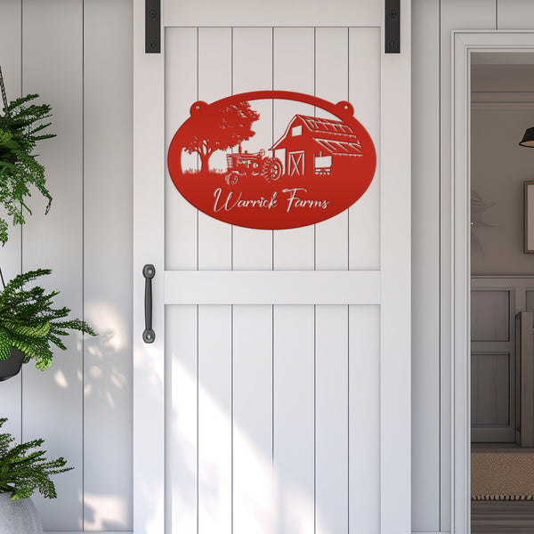 Personalized Antique Tractor and Barn Farm Scene Metal Sign, Farmhouse-Family Farm Sign-Personalized Farm Sign