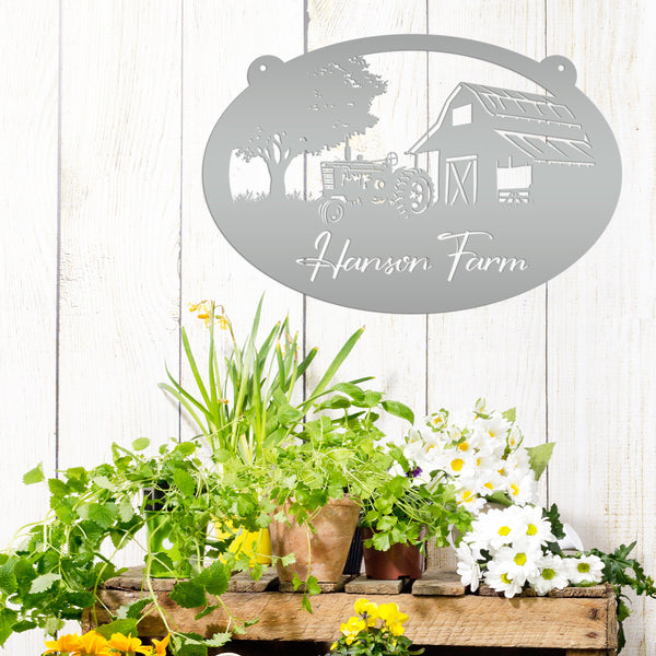 Personalized Antique Tractor and Barn Farm Scene Metal Sign, Farmhouse-Family Farm Sign-Personalized Farm Sign
