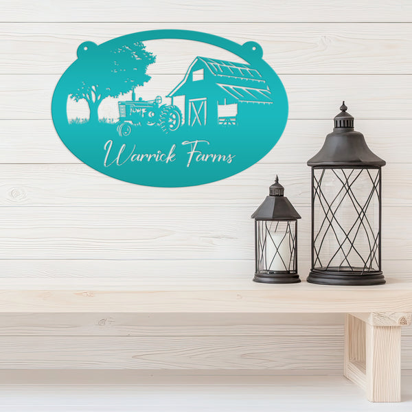 Personalized Antique Tractor and Barn Farm Scene Metal Sign, Farmhouse-Family Farm Sign-Personalized Farm Sign