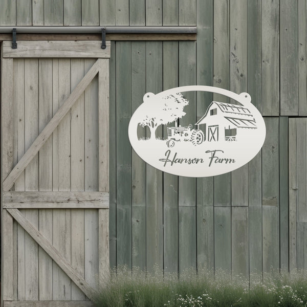 Personalized Antique Tractor and Barn Farm Scene Metal Sign, Farmhouse-Family Farm Sign-Personalized Farm Sign