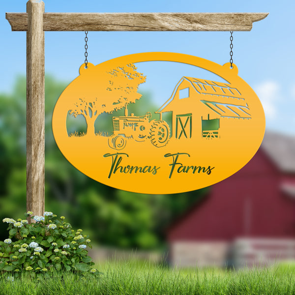 Personalized Antique Tractor and Barn Farm Scene Metal Sign, Farmhouse-Family Farm Sign-Personalized Farm Sign