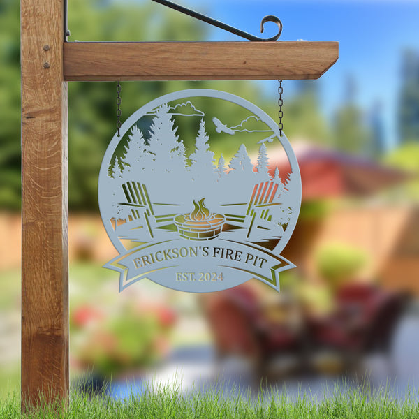 Campfire Sign with Family Name , Outdoor Metal Sign with Adirondack Chairs,  Personalized Camping Gifts, Fire Pit Sign, Metal Camping Sign, Camping Decor