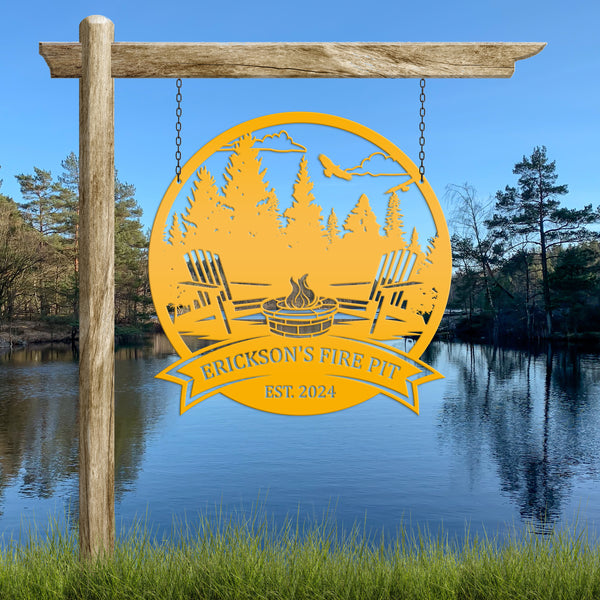 Campfire Sign with Family Name , Outdoor Metal Sign with Adirondack Chairs,  Personalized Camping Gifts, Fire Pit Sign, Metal Camping Sign, Camping Decor