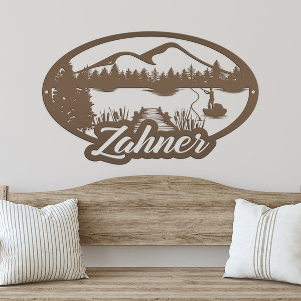 Outdoor Lake Fishing Mountain Scene-Fishing Metal Sign- Fishing Scene Wall Art and Decor-Fishing Themed Decor-Fishing Scene Sign for Hunting Cabin